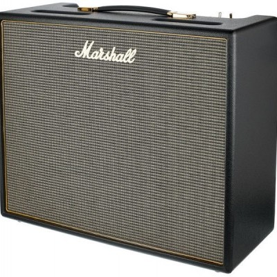Amplificador Marshall preto com grelha cinza e logótipo branco.