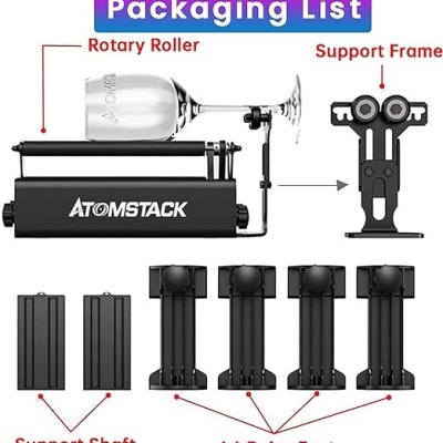 Peças de equipamento preto com texto 'ATOMSTACK' e lista de embalagem