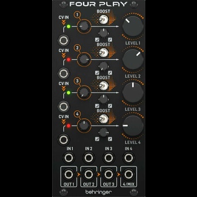 Painel preto de equipamento eletrónico com botões, entradas e saídas rotulados