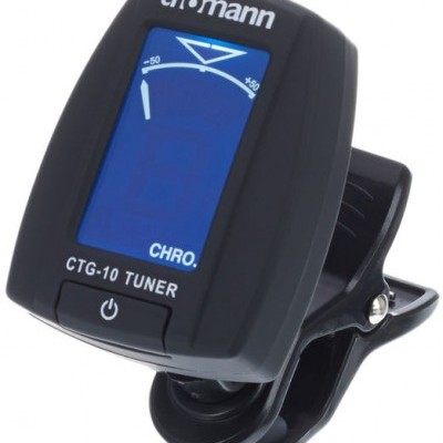 Afinador Thomann CTG-10 TUNER preto com ecrã azul e clip para fixação
