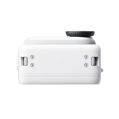 Peça eletrónica compacta branca com roda preta e parafusos visíveis