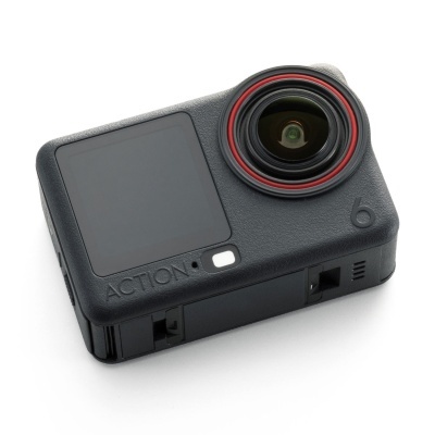 Câmara de ação preta com lente circular e ecrã quadrado