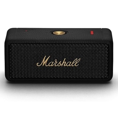 Coluna portátil Marshall preta com logótipo e botão dourados