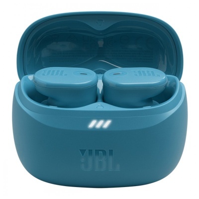 Auriculares sem fios JBL azuis com estojo de carregamento arredondado
