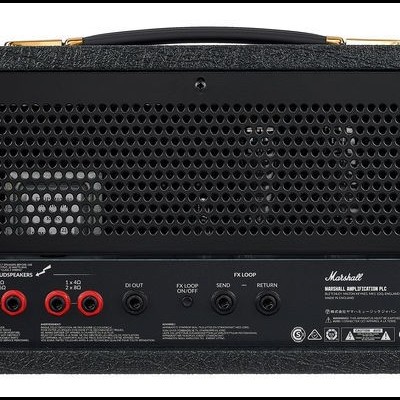 Cabeçote de amplificador Marshall preto com portas e conectores na parte traseira