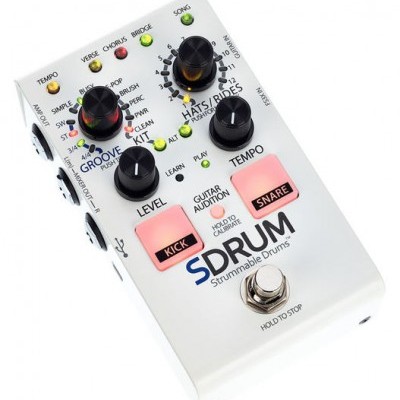Pedal de efeito SDRUM Strummable Drums branco com botões pretos e cor-de-rosa e LEDs