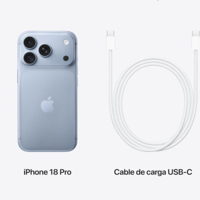 iPhone 18 Pro azul com três câmaras e cabo de carga USB-C branco em fundo branco