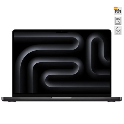 Portátil cinza escuro com ecrã preto e ícones no canto superior direito