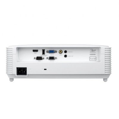 Projetor branco com portas HDMI, USB, VGA, áudio, energia e texto DLP, HDMI, Full 3D