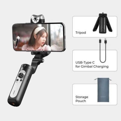 Gimbal preto para smartphone com acessórios essenciais
