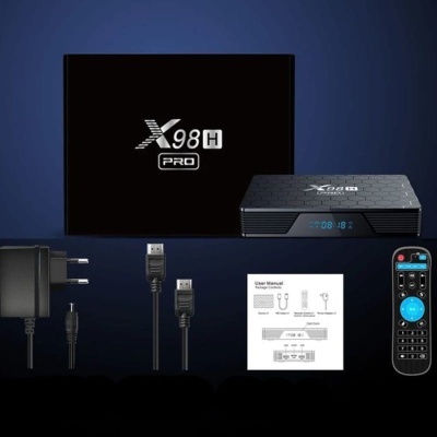Conjunto TV box X98H PRO preto, control remoto, cabos HDMI, adaptador e manual
