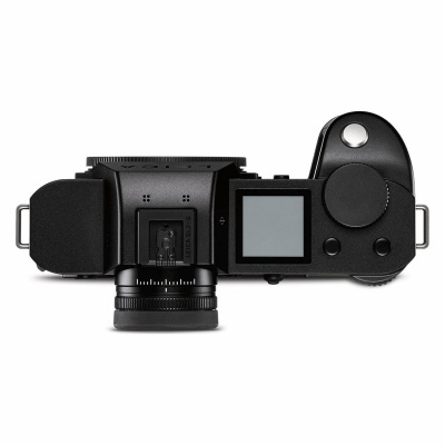 Câmara fotográfica preta vista de cima com visor digital e botões