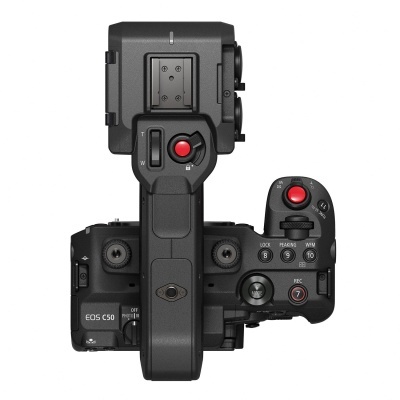 Câmara digital Canon EOS C50 preta com botões e dials brancos e vermelhos