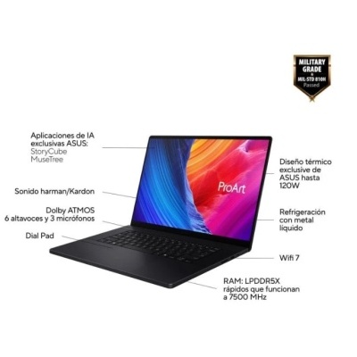 Computador portátil ASUS ProArt preto com ecrã colorido e características técnicas destacadas
