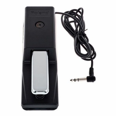 Pedal de expressão preto com pedal prateado e cabo com ficha de áudio