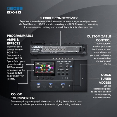 Pedal de efeitos para guitarra BOSS GX-10 com tela touchscreen colorida e várias portas de conectividade