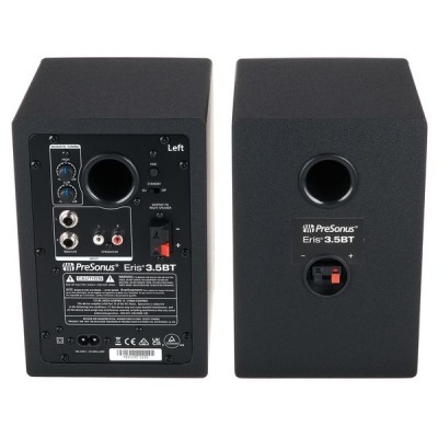 Colunas áudio PreSonus Eris 3.5BT negras com conexões e rótulos visíveis