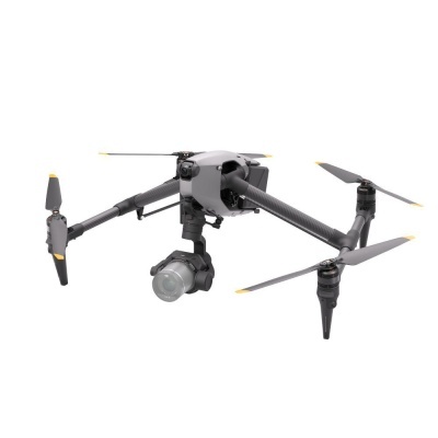 Drone cinzento e preto com quatro hélices e câmara