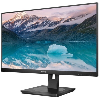Monitor Philips preto com imagem de paisagem montanhosa no ecrã
