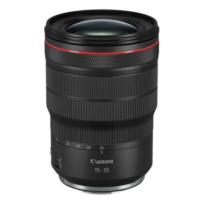 Objetiva Canon 15-35mm com corpo preto e detalhes vermelhos