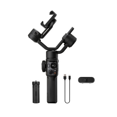 Estabilizador de mão preto para smartphone com acessórios sobre fundo branco