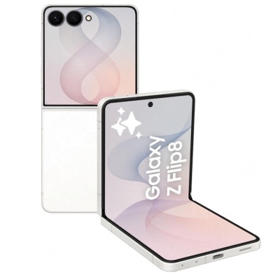 Smartphone dobrável Samsung Galaxy Z Flip8 branco aberto e parcialmente fechado