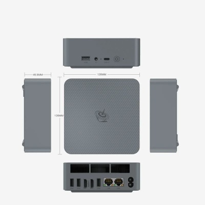 Mini computador cinzento com múltiplas vistas e medidas