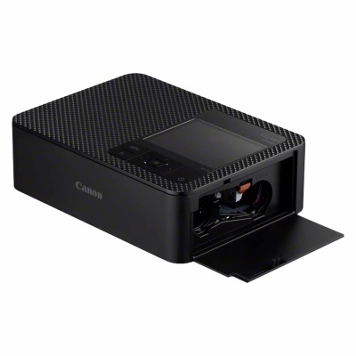 Impressora portátil Canon preta com ecrã e textura quadriculada