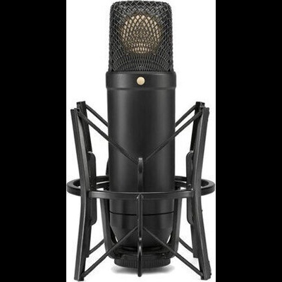 Microfone condensador preto com suporte metálico