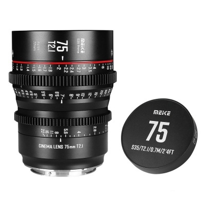 Objetiva de cinema Meike 75mm T2.1 com tampa ao lado