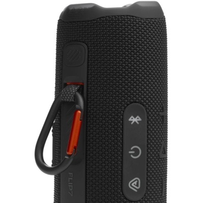 Coluna portátil preta com clip de mosquetão vermelho e preto