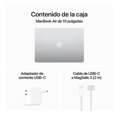 MacBook Air prateado, adaptador de corrente USB-C branco, cabo USB-C a MagSafe 3 2 metros com texto em espanhol.