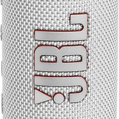 Coluna portátil JBL branca com textura em malha e logótipo em relevo