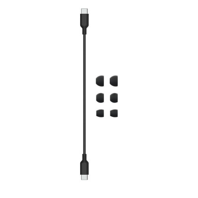 Cabo USB-C preto com pontas de ouvido em silicone preto de diferentes tamanhos