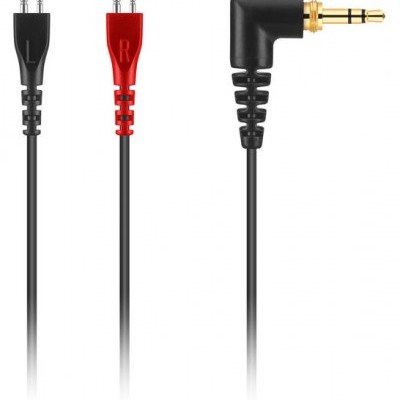 Cabo áudio preto com conetores de 3,5 mm e plugues esquerdo e direito coloridos