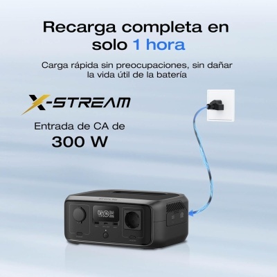 Estação de recarga portátil preta ligada a tomada com texto promocional