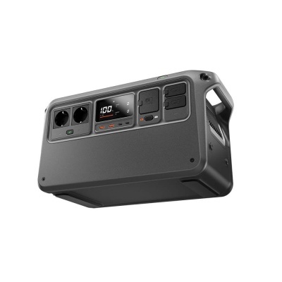 Unidade portátil de energia cinza com ecrã digital e tomadas