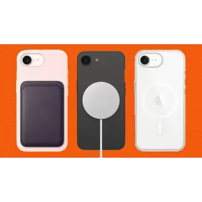 Três smartphones com capas e acessórios magnéticos sobre fundo laranja
