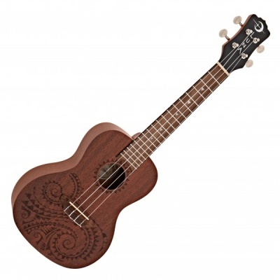 Ukulele castanho com padrão floral e quatro cordas brancas