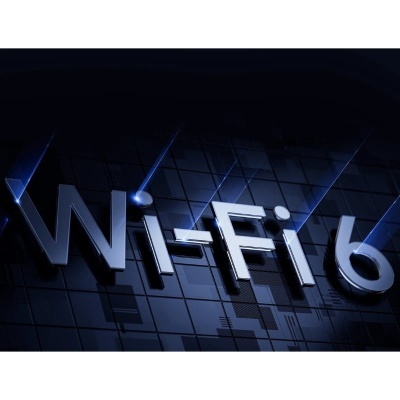 Texto 3D 'Wi-Fi 6' com efeitos luminosos em fundo escuro tecnológico