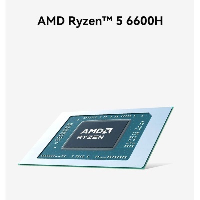 Microprocessador AMD Ryzen 5 6600H sobre fundo branco com texto acima