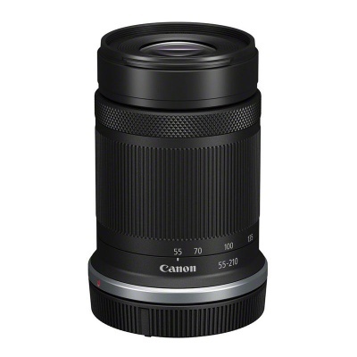 Objetiva Canon 55-210 mm preta com anel texturizado e marcas de distância