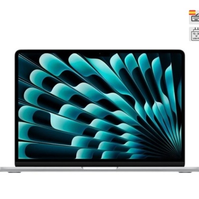 Computador portátil prateado com ecrã ligado a mostrar padrão azul e preto