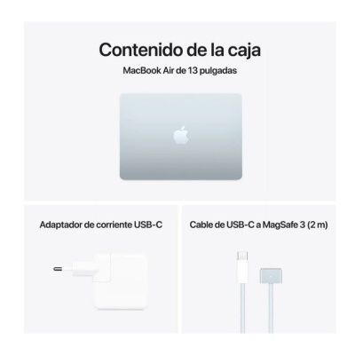 Conteúdo da caixa do MacBook Air com computador prata, adaptador USB-C branco e cabo USB-C a MagSafe 3.