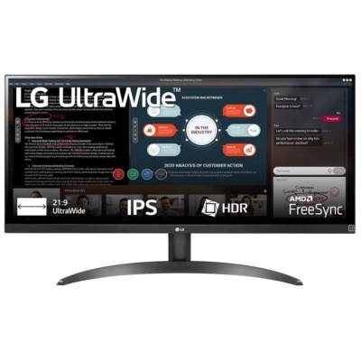 Monitor LG UltraWide preto com ecrã largo 21:9 e suporte AMD FreeSync