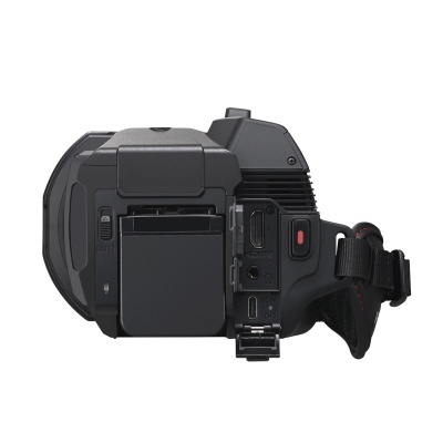 Máquina de filmar preta com botões e entradas USB visíveis