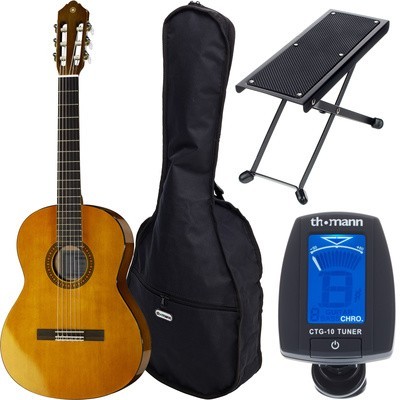 Conjunto musical com guitarra clássica, estojo preto, suporte para pés e afinador digital