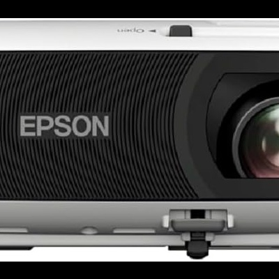 Projetor Epson branco e preto com lente central e grelha lateral