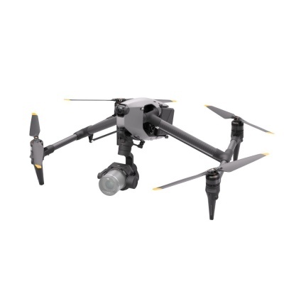 Drone cinzento com câmara estabilizada e quatro hélices pretas com pontas amarelas