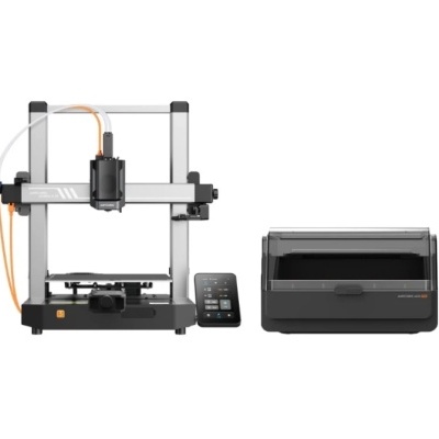 Impressora 3D cinza e preta com painel digital e unidade de acabamento.